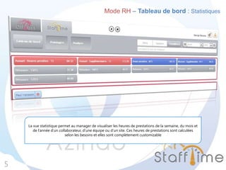 Mode RH – Tableau de bord : Statistiques
5
La vue statistique permet au manager de visualiser les heures de prestations de la semaine, du mois et
de l’année d’un collaborateur, d’une équipe ou d’un site. Ces heures de prestations sont calculées
selon les besoins et elles sont complètement customizable
 