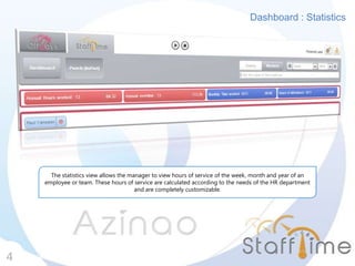 Dashboard : Statistics
4
The statistics view allows the manager to view hours of service of the week, month and year of an
employee or team. These hours of service are calculated according to the needs of the HR department
and are completely customizable.
 