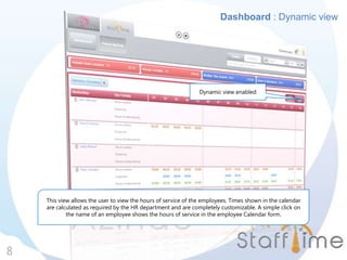 Dashboard : Dynamic view
8
This view allows the user to view the hours of service of the employees. Times shown in the calendar
are calculated as required by the HR department and are completely customizable. A simple click on
the name of an employee shows the hours of service in the employee Calendar form.
Dynamic view enabled
 