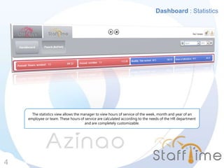 Dashboard : Statistics
4
The statistics view allows the manager to view hours of service of the week, month and year of an
employee or team. These hours of service are calculated according to the needs of the HR department
and are completely customizable.
 