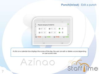 Punch(in/out) : Edit a punch
7
A click on a calendar box displays the scores of the day, the user can edit or delete a score depending
on user access roles
 