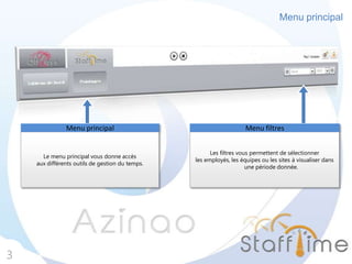 Menu principal
3
Le menu principal vous donne accès
aux différents outils de gestion du temps.
Menu principal
Les filtres vous permettent de sélectionner
les employés, les équipes ou les sites à visualiser dans
une période donnée.
Menu filtres
 