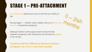 STAGE 1 – PRE-ATTACHMENT
Pre-attachment behaviours occur in the first six months of
life.
During stage 1 – children smile, babble, and cry to attract the
attention of potential caregivers.
Although children at this age do learn to discriminate
between caregivers, their behaviours are directed at anyone
in the vicinity.
Unable to tell the difference between primary
caregiver (eg mother) and other people
 