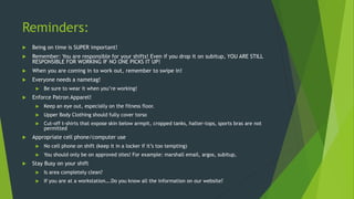Reminders: Appropriate Phone Usage
 How to answer the initial phone call:
 “Thank you for calling the Marshall Recreation Center. This is (your name), how may I help you
 Don’t drop the call: How to transfer a phone call:
 BEFORE TRANSFERRING IT IS ALWAYS GOOD TO MAKE SURE THEY ARE AVAILABLE TO TAKE THE
CALL SO YOU CAN COMMUNICATE TO THAT PERSON IF THEY WILL BE DIRECTED TO A VOICEMAIL.
 “Please hold while I transfer you to (the staff member’s name)”
 Select “Transfer” at the bottom of the screen
 Select “Contacts”
 Scroll through the contact list and select the person you’re trying to reach (it will highlight
their name)
 Press “Dial” and it will transfer the call…wait to hear the ring.
 How to answer that redirected call:
 Pro Shop (the area you are working), this is (your name)
 