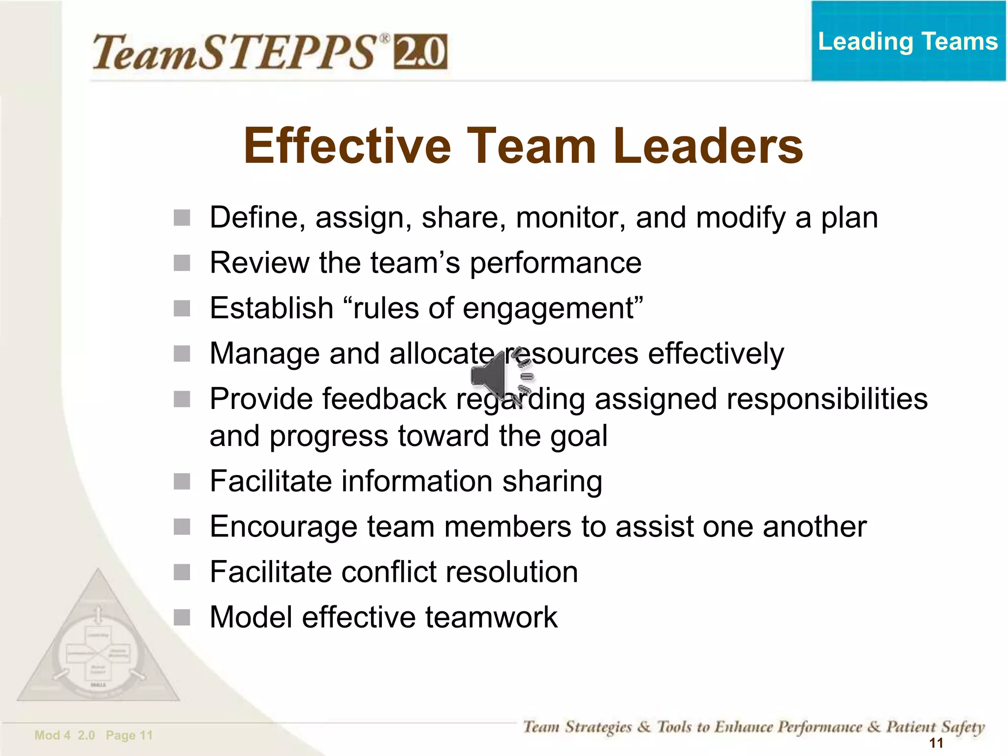 TEAMSTEPPS 05.2
Mod 4 2.0 Page 11
Leading Teams
11
 Define, assign, share, monitor, and modify a plan
 Review the team’s performance
 Establish “rules of engagement”
 Manage and allocate resources effectively
 Provide feedback regarding assigned responsibilities
and progress toward the goal
 Facilitate information sharing
 Encourage team members to assist one another
 Facilitate conflict resolution
 Model effective teamwork
Effective Team Leaders
 