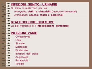 INFEZIONI  GENITO - URINARIE Di  solito  si  realizzano  per  via  retrograda:  cistiti  e  cistopieliti  (manovre strumentali) ematogena:   ascessi  renali  e  pararenali STAFILOCOCCIE  DIGESTIVE La  più  frequente  è  l'  intossicazione  alimentare   INFEZIONI  VARIE Congiuntivite Otite Sinusite Mastoidite Piodermite Infezioni  dell' orbita Angiocolite Paratiroiditi Tiroiditi   