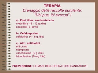 TERAPIA Drenaggio delle raccolte purulente:  “Ubi pus, ibi evacua” ! a)  Penicilline  semisintetiche meticillina  (8 - 12 g /die) oxacillina  e  simili b)  Cefalosporina cefalotina  (4 - 6 g /die) c)  Altri  antibiotici eritrocina rifampicina vancomicina  (2 g /die) teicoplanina  (6 mg /die) PREVENZIONE : LE MANI DELL’OPERATORE SANITARIO!!!   