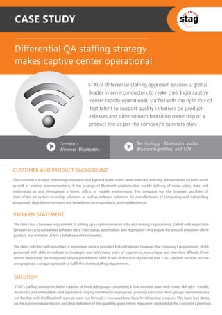 CASE STUDY

 Differential QA staffing strategy
 makes captive center operational

                                                 STAG’s differential staffing approach enables a global
                                                  leader in semi-conductors to make their India captive
                                                  center rapidly operational, staffed with the right mix of
                                                  test talent to support quality initiatives on product
                                                  releases and drive smooth transition ownership of a
                                                  product line as per the company’s business plan.


                              Domain -                                            Technology - Bluetooth audio,
                              Wireless (Bluetooth)                                Bluetooth profiles, and SDK



CUSTOMER AND PRODUCT BACKGROUND
The customer is a major technology innovator and a global leader in the semiconductor industry, with products for both wired
as well as wireless communications. It has a range of Bluetooth products that enable delivery of voice, video, data, and
multimedia to and throughout a home, office, or mobile environment. The company has the broadest portfolio of
state-of-the-art system-on-a-chip solutions as well as software solutions for manufacturers of computing and networking
equipment, digital entertainment and broadband access products, and mobile devices.


PROBLEM STATEMENT
The client had a business requirement of setting up a captive center in India and making it operational, staffed with a specialist
QA team to carry out various software tests – functional, automation, and regression – and enable the smooth transition of the
product line from the USA in a timeframe of two months.


The client solicited with a number of manpower service providers to build a team. However, the company’s requirement, of QA
personnel with skills in multiple technologies and with many years of experience, was unique and therefore difficult, if not
almost impossible, for manpower service providers to fulfill. It was at this critical juncture that STAG stepped into the picture
and proposed a unique approach to fulfill the client’s staffing requirement.


SOLUTION
STAG’s staffing solution included creation of three sub-groups comprising a nine member team with mixed skill sets – mobile,
Bluetooth, and embedded – and experience ranging from two to seven years spanning across the three groups. Team members
not familiar with the Bluetooth domain were put through a two-week long basic level training program. This team had clarity
on the customer expectations and clear definition of the quarterly goals before they were deployed at the customer’s premises.
 