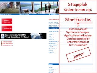 Startfunctie: I Systeemanalist Systeemontwerper  Applicatieontwikkelaar Databasespecialist Informatieanalist ICT-consultant Stageplek  selecteren op: junior 