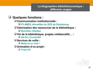 67 
 Quelques fonctions : 
Communication institutionnelle : 
 Fil ABES, Actualités du SCD de Strasbourg 
Valorisation des ressources de la bibliothèque : 
 Bua’bloc, Ubodoc 
Vie de la bibliothèque, projets collaboratifs… : 
 Bib’Am, ChantierBU 
Services de veille : 
 Mettez-la en veille ! 
Animation d’un projet : 
 Projet AO 
La blogosphère bibliothéconomique : 
différents usages 
 