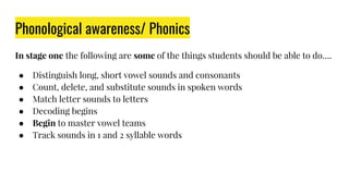 Phonological awareness/ Phonics
In stage one the following are some of the things students should be able to do….
● Distinguish long, short vowel sounds and consonants
● Count, delete, and substitute sounds in spoken words
● Match letter sounds to letters
● Decoding begins
● Begin to master vowel teams
● Track sounds in 1 and 2 syllable words
 