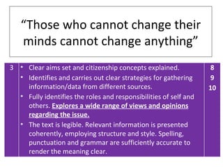 “Those who cannot change their
   minds cannot change anything”
3 • Clear aims set and citizenship concepts explained.            8
  • Identifies and carries out clear strategies for gathering     9
    information/data from different sources.                      10
  • Fully identifies the roles and responsibilities of self and
    others. Explores a wide range of views and opinions
    regarding the issue.
  • The text is legible. Relevant information is presented
    coherently, employing structure and style. Spelling,
    punctuation and grammar are sufficiently accurate to
    render the meaning clear.
 