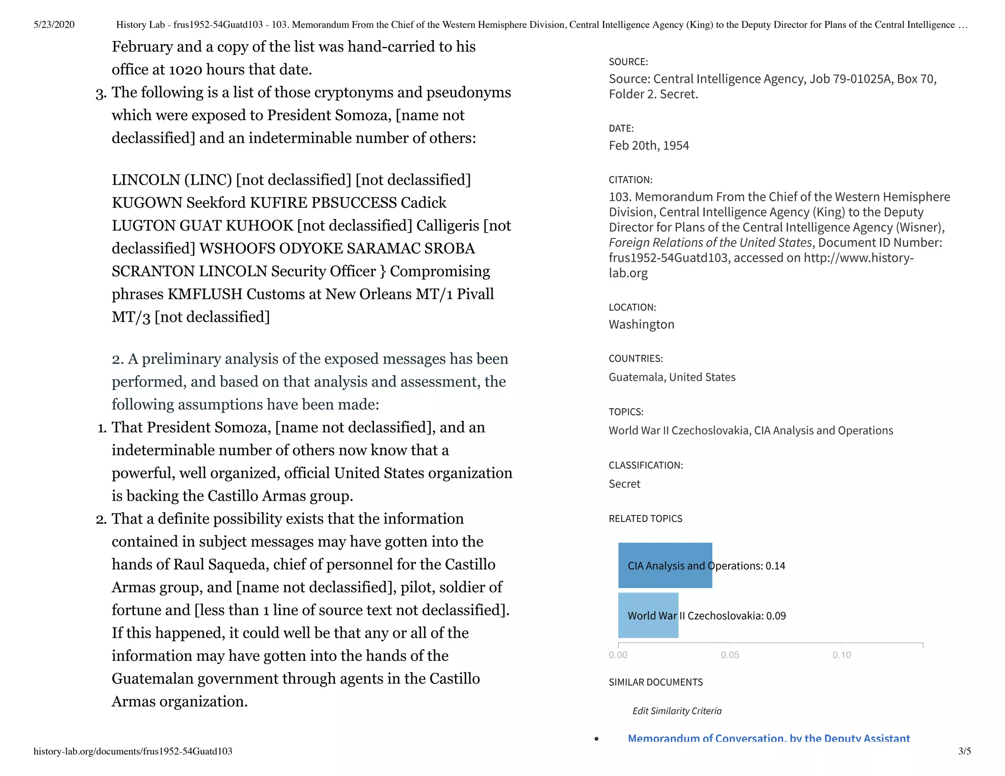 5/23/2020 History Lab - frus1952-54Guatd103 - 103. Memorandum From the Chief of the Western Hemisphere Division, Central Intelligence Agency (King) to the Deputy Director for Plans of the Central Intelligence …
history-lab.org/documents/frus1952-54Guatd103 3/5
February and a copy of the list was hand-carried to his
office at 1020 hours that date.
3. The following is a list of those cryptonyms and pseudonyms
which were exposed to President Somoza, [name not
declassified] and an indeterminable number of others:
LINCOLN (LINC) [not declassified] [not declassified]
KUGOWN Seekford KUFIRE PBSUCCESS Cadick
LUGTON GUAT KUHOOK [not declassified] Calligeris [not
declassified] WSHOOFS ODYOKE SARAMAC SROBA
SCRANTON LINCOLN Security Officer } Compromising
phrases KMFLUSH Customs at New Orleans MT/1 Pivall
MT/3 [not declassified]
2. A preliminary analysis of the exposed messages has been
performed, and based on that analysis and assessment, the
following assumptions have been made:
1. That President Somoza, [name not declassified], and an
indeterminable number of others now know that a
powerful, well organized, official United States organization
is backing the Castillo Armas group.
2. That a definite possibility exists that the information
contained in subject messages may have gotten into the
hands of Raul Saqueda, chief of personnel for the Castillo
Armas group, and [name not declassified], pilot, soldier of
fortune and [less than 1 line of source text not declassified].
If this happened, it could well be that any or all of the
information may have gotten into the hands of the
Guatemalan government through agents in the Castillo
Armas organization.
0.00 0.05 0.10
CIA Analysis and Operations: 0.14
World War II Czechoslovakia: 0.09
Memorandum of Conversation, by the Deputy Assistant
SOURCE:
Source: Central Intelligence Agency, Job 79-01025A, Box 70,
Folder 2. Secret.
DATE:
Feb 20th, 1954
CITATION:
103. Memorandum From the Chief of the Western Hemisphere
Division, Central Intelligence Agency (King) to the Deputy
Director for Plans of the Central Intelligence Agency (Wisner),
Foreign Relations of the United States, Document ID Number:
frus1952-54Guatd103, accessed on http://www.history-
lab.org
LOCATION:
Washington
COUNTRIES:
Guatemala, United States
TOPICS:
World War II Czechoslovakia, CIA Analysis and Operations
CLASSIFICATION:
Secret
RELATED TOPICS
SIMILAR DOCUMENTS
Edit Similarity Criteria
 
