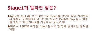 Stage1과 달라진 점은?
fgetc와 fputs를 쓰는 것이 overhead를 상당히 많이 차지했다.
그 부분이 비효율적이라 판단이 되어서 Push와 Pop 등의 함수
를 필요로 하는 Stack을 사용하지 않기로 함.
따라서 100MB 파일을 fread 함수로 한 번에 읽어오는 방식을
택함.
 