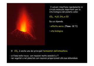 I vulcani rimettono rapidamente in
                                           circolo molecole importanti per la
                                           vita biologica del pianeta come:

                                           CO2, H2O, CH4 e CO

                                           Da cui dipende.

                                           • effetto serra (Tluna -18 °C)

                                           • vita biologica




 Il CO2, è anche uno dei principali termostati dell’atmosfera.

- si fissa nelle rocce con reazioni molto sensibili a T
- nei vegetali e nel plancton con reazioni proporzionali alla sua abbondaza
 