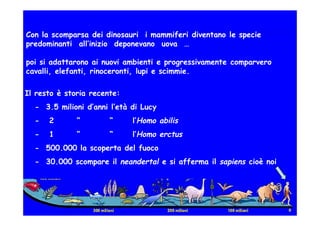 Con la scomparsa dei dinosauri i mammiferi diventano le specie
predominanti all’inizio deponevano uova …

poi si adattarono ai nuovi ambienti e progressivamente comparvero
cavalli, elefanti, rinoceronti, lupi e scimmie.

Il resto è storia recente:
  - 3.5 milioni d’anni l’età di Lucy
  -   2       “        “     l’Homo abilis
  -   1       “        “     l’Homo erctus
  - 500.000 la scoperta del fuoco
  - 30.000 scompare il neandertal e si afferma il sapiens cioè noi
 