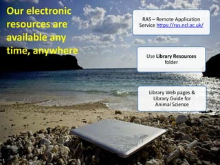 Our electronic
                  RAS – Remote Application
resources are    Service https://ras.ncl.ac.uk/

available any
time, anywhere      Use Library Resources
                            folder




                     Library Web pages &
                       Library Guide for
                        Animal Science
 