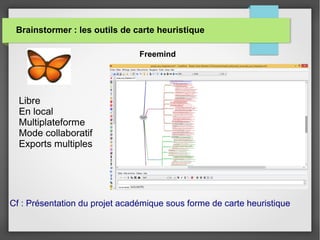 Brainstormer : les outils de carte heuristique
Libre
En local
Multiplateforme
Mode collaboratif
Exports multiples
Freemind
Cf : Présentation du projet académique sous forme de carte heuristique
 