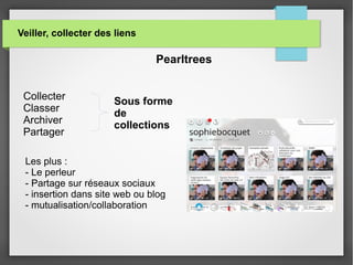 Veiller, collecter des liens
Pearltrees
Collecter
Classer
Archiver
Partager
Sous forme
de
collections
Les plus :
- Le perleur
- Partage sur réseaux sociaux
- insertion dans site web ou blog
- mutualisation/collaboration
 