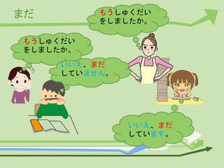 まだ
もうしゅくだい
をしましたか。
いいえ、まだ
していません。
もうしゅくだい
をしましたか。
いいえ、まだ
しています。
 