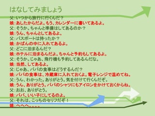 はなしてみましょう
父：いつから旅行に行くんだ？
娘：あしたからだよ。もう、カレンダーに書いてあるよ。
父：そうか。ちゃんと準備はしてあるのか？
娘：うん、ちゃんとしてあるよ。
父：パスポートは持ったか？
娘：かばんの中に入れてあるよ。
父：どこに泊まるんだ？
娘：ホテルに泊まるんだよ。ちゃんと予約もしてあるよ。
父：そうか。じゃあ、飛行機も予約してあるんだな。
娘：当然、してあるよ。
父：じゃあ、パパの食事はどうするんだ？
娘：パパの食事は、冷蔵庫に入れておくよ。電子レンジで温めてね。
父：うん、わかった。ありがとう。気を付けて行くんだぞ。
娘：うん、ありがとう。パパのシャツにもアイロンをかけておくからね。
父：おお、ありがとう。
娘：パパ、いい子にしてるのよ。
父：それは、こっちのセリフだぞ！
娘：へへへ。。。。
 