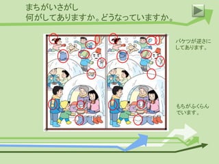 まちがいさがし
何がしてありますか。どうなっていますか。
バケツが逆さに
してあります。
もちがふくらん
でいます。
 