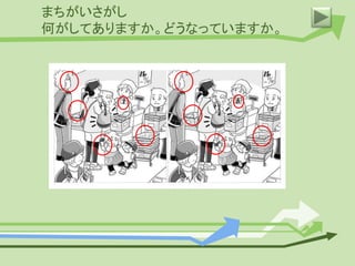 まちがいさがし
何がしてありますか。どうなっていますか。
 