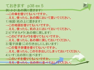 ておきます p38 ex 5
例）かさ（あの隅に置きます）
→この傘を借りてもいいですか。
…ええ、使ったら、あの隅において置いてください。
1）地図（机の上に置きます）
→この地図を借りてもいいですか。
…ええ、使ったら、机の上においておいてください。
2）ビデオカメラ（あの棚に戻します）
→このビデオカメラを借りてもいいですか。
…ええ、使ったら、あの棚に戻しておいてください。
3）電子辞書（この引き出しにしまいます）
→この電子辞書を借りてもいいですか。
…ええ、使ったら、この引き出しにしまっておいてください。
4）いす（元の所に並べます）
→このいすを借りてもいいですか。
…ええ、使ったら、元の所に並べておいてください。
 