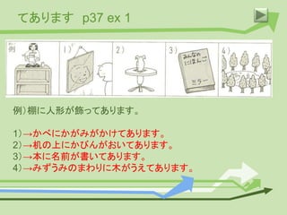 てあります p37 ex 1
例）棚に人形が飾ってあります。
1）→かべにかがみがかけてあります。
2）→机の上にかびんがおいてあります。
3）→本に名前が書いてあります。
4）→みずうみのまわりに木がうえてあります。
 