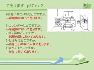 てあります p37 ex 2
例）買い物のメモはどこですか。
→冷蔵庫にはってあります。
1）カレンダーはどこですか。
→冷蔵庫にはってあります。
2）ゴミ箱はどこですか。
→部屋の隅においてあります。
3）はさみはどこですか。
→引き出しの中に入れてあります。
4）コップはどこですか。
→たなにおいてあります。
 
