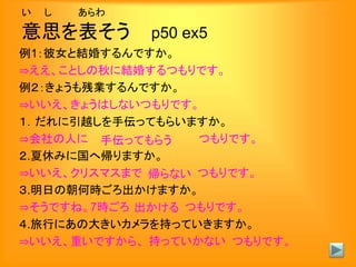い し あらわ
意思を表そう p50 ex5
例1：彼女と結婚するんですか。
⇒ええ、ことしの秋に結婚するつもりです。
例２：きょうも残業するんですか。
⇒いいえ、きょうはしないつもりです。
１．だれに引越しを手伝ってもらいますか。
⇒会社の人に つもりです。
２.夏休みに国へ帰りますか。
⇒いいえ、クリスマスまで つもりです。
３.明日の朝何時ごろ出かけますか。
⇒そうですね。7時ごろ つもりです。
４.旅行にあの大きいカメラを持っていきますか。
⇒いいえ、重いですから、 つもりです。
手伝ってもらう
帰らない
出かける
持っていかない
 