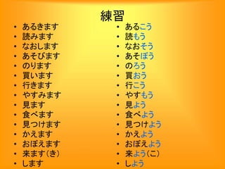 練習
• あるきます
• 読みます
• なおします
• あそびます
• のります
• 買います
• 行きます
• やすみます
• 見ます
• 食べます
• 見つけます
• かえます
• おぼえます
• 来ます（き）
• します
• あるこう
• 読もう
• なおそう
• あそぼう
• のろう
• 買おう
• 行こう
• やすもう
• 見よう
• 食べよう
• 見つけよう
• かえよう
• おぼえよう
• 来よう（こ）
• しよう
 