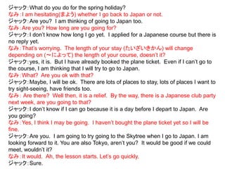 ジャック：What do you do for the spring holiday?
なみ：I am hesitating(まよう) whether I go back to Japan or not.
ジャック：Are you? I am thinking of going to Japan too.
なみ：Are you? How long are you going for?
ジャック：I don’t know how long I go yet. I applied for a Japanese course but there is
no reply yet.
なみ：That’s worrying. The length of your stay (たいざいきかん) will change
depending on (～によって) the length of your course, doesn’t it?
ジャック：yes, it is. But I have already booked the plane ticket. Even if I can’t go to
the course, I am thinking that I will try to go to Japan.
なみ：What? Are you ok with that?
ジャック：Maybe, I will be ok. There are lots of places to stay, lots of places I want to
try sight-seeing, have friends too.
なみ： Are there? Well then, it is a relief. By the way, there is a Japanese club party
next week, are you going to that?
ジャック：I don’t know if I can go because it is a day before I depart to Japan. Are
you going?
なみ：Yes, I think I may be going. I haven’t bought the plane ticket yet so I will be
fine.
ジャック：Are you. I am going to try going to the Skytree when I go to Japan. I am
looking forward to it. You are also Tokyo, aren’t you? It would be good if we could
meet, wouldn’t it?
なみ：It would. Ah, the lesson starts. Let’s go quickly.
ジャック：Sure.
 
