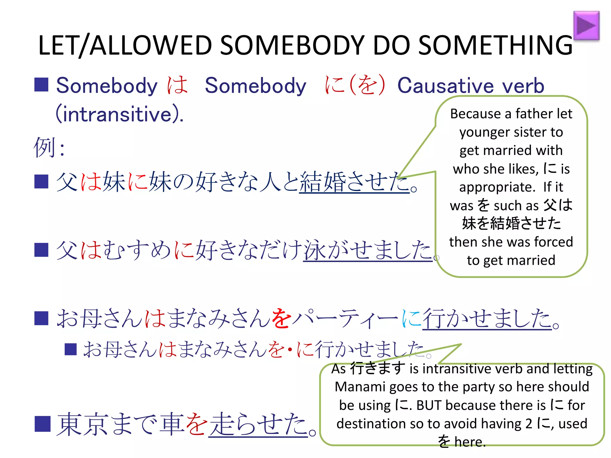  Somebody は Somebody に（を） Causative verb
(intransitive).
例：
 父は妹に妹の好きな人と結婚させた。
 父はむすめに好きなだけ泳がせました。
 お母さんはまなみさんをパーティーに行かせました。
 お母さんはまなみさんを・に行かせました。
東京まで車を走らせた。
LET/ALLOWED SOMEBODY DO SOMETHING
As 行きます is intransitive verb and letting
Manami goes to the party so here should
be using に. BUT because there is に for
destination so to avoid having 2 に, used
を here.
Because a father let
younger sister to
get married with
who she likes, に is
appropriate. If it
was を such as 父は
妹を結婚させた
then she was forced
to get married
 