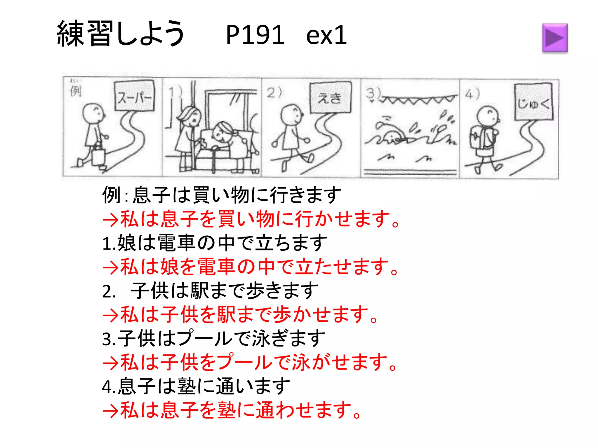 練習しよう P191 ex1
例：息子は買い物に行きます
→私は息子を買い物に行かせます。
1.娘は電車の中で立ちます
→私は娘を電車の中で立たせます。
2. 子供は駅まで歩きます
→私は子供を駅まで歩かせます。
3.子供はプールで泳ぎます
→私は子供をプールで泳がせます。
4.息子は塾に通います
→私は息子を塾に通わせます。
 