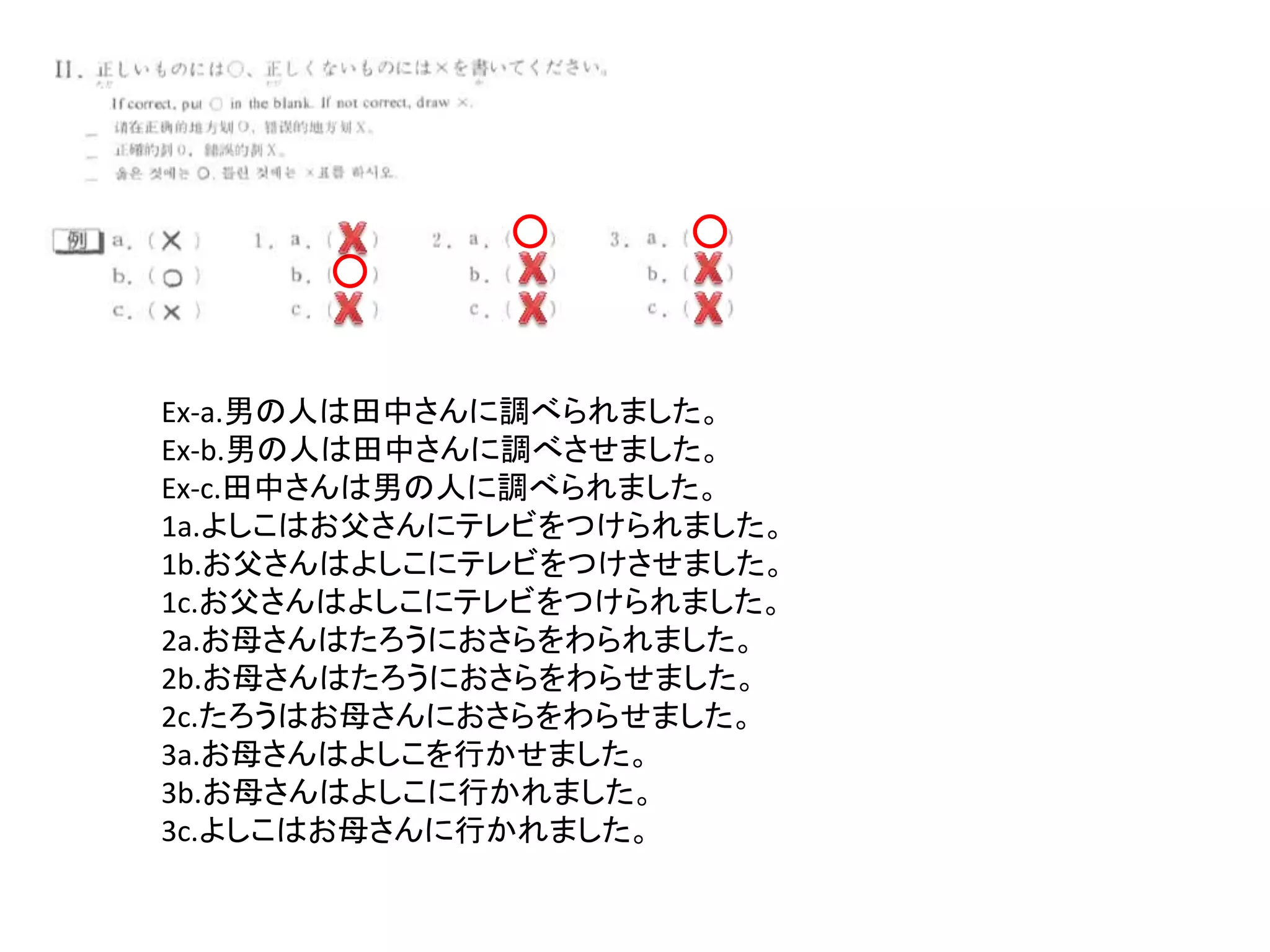 Ex-a.男の人は田中さんに調べられました。
Ex-b.男の人は田中さんに調べさせました。
Ex-c.田中さんは男の人に調べられました。
1a.よしこはお父さんにテレビをつけられました。
1b.お父さんはよしこにテレビをつけさせました。
1c.お父さんはよしこにテレビをつけられました。
2a.お母さんはたろうにおさらをわられました。
2b.お母さんはたろうにおさらをわらせました。
2c.たろうはお母さんにおさらをわらせました。
3a.お母さんはよしこを行かせました。
3b.お母さんはよしこに行かれました。
3c.よしこはお母さんに行かれました。
 