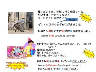 母：だいすけ、学校に行く時間ですよ。
だいすけ：行きたくない！
母：だめ！行きなさい！
だいすけはやっと学校に行きました。
お母さんはだいすけを学校に行かせました。
At last
だいすけ：お母さん、サムの誕生日パーティーに行って
もいい?
母:宿題はしたの?
だいすけ:うん、したよ。
母:じゃあ、行ってもいいわよ。
お母さんはだいすけをパーティーに行かせました。
Mother made Daisuke go to school.
Mother let/allowed Daisuke go to the party.
お母さんはだいすけに・を行かせました。
If there is NO extra
Information, you could
Use either
 