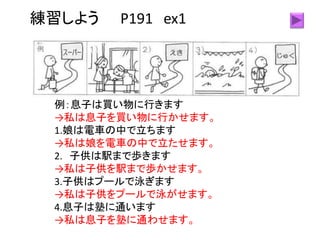 練習しよう P191 ex1
例：息子は買い物に行きます
→私は息子を買い物に行かせます。
1.娘は電車の中で立ちます
→私は娘を電車の中で立たせます。
2. 子供は駅まで歩きます
→私は子供を駅まで歩かせます。
3.子供はプールで泳ぎます
→私は子供をプールで泳がせます。
4.息子は塾に通います
→私は息子を塾に通わせます。
 