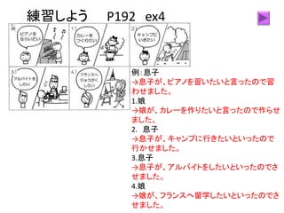 練習しよう P192 ex4
例：息子
→息子が、ピアノを習いたいと言ったので習
わせました。
1.娘
→娘が、カレーを作りたいと言ったので作らせ
ました。
2. 息子
→息子が、キャンプに行きたいといったので
行かせました。
3.息子
→息子が、アルバイトをしたいといったのでさ
せました。
4.娘
→娘が、フランスへ留学したいといったのでさ
せました。
 