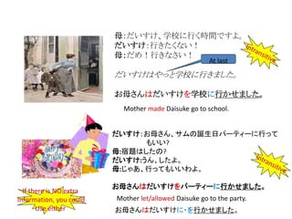 母：だいすけ、学校に行く時間ですよ。
だいすけ：行きたくない！
母：だめ！行きなさい！
だいすけはやっと学校に行きました。
お母さんはだいすけを学校に行かせました。
At last
だいすけ：お母さん、サムの誕生日パーティーに行って
もいい?
母:宿題はしたの?
だいすけ:うん、したよ。
母:じゃあ、行ってもいいわよ。
お母さんはだいすけをパーティーに行かせました。
Mother made Daisuke go to school.
Mother let/allowed Daisuke go to the party.
お母さんはだいすけに・を行かせました。
If there is NO extra
Information, you could
Use either
 