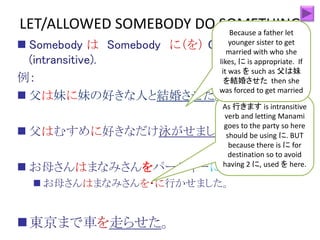  Somebody は Somebody に（を） Causative verb
(intransitive).
例：
 父は妹に妹の好きな人と結婚させた。
 父はむすめに好きなだけ泳がせました。
 お母さんはまなみさんをパーティーに行かせました。
 お母さんはまなみさんを・に行かせました。
東京まで車を走らせた。
LET/ALLOWED SOMEBODY DO SOMETHING
As 行きます is intransitive
verb and letting Manami
goes to the party so here
should be using に. BUT
because there is に for
destination so to avoid
having 2 に, used を here.
Because a father let
younger sister to get
married with who she
likes, に is appropriate. If
it was を such as 父は妹
を結婚させた then she
was forced to get married
 