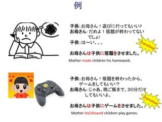 子供：お母さん！宿題を終わったから、
ゲームをしてもいい？
お母さん：じゃあ、晩ご飯まで、３０分だけ
してもいいよ。
お母さんは子供にゲームをさせました。
例
子供：お母さん！遊びに行ってもいい?
お母さん：だめよ！宿題が終わってない
でしょ!
子供：は～い。。。
お母さんは子供に宿題をさせました。
Mother made children his homework.
Mother let/allowed children play games.
 