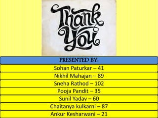 PRESENTED BY:
Sohan Paturkar – 41
Nikhil Mahajan – 89
Sneha Rathod – 102
Pooja Pandit – 35
Sunil Yadav – 60
Chaitanya kulkarni – 87
Ankur Kesharwani – 21
 