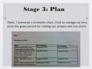 Stage 3: Plan

Next, I answered a timetable chart. I had to manage my time
since the given period for making our project was too short.
 