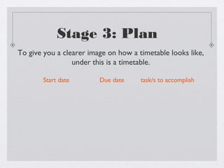 Stage 3: Plan
To give you a clearer image on how a timetable looks like,
                 under this is a timetable.

       Start date        Due date     task/s to accomplish
 