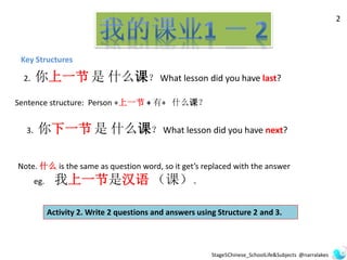 Key Structures
2
2. 你上一节 是 什么课？ What lesson did you have last?
Sentence structure: Person +上一节 + 有+ 什么课？
Note. 什么 is the same as question word, so it get’s replaced with the answer
eg. 我上一节是汉语 （课）。
Activity 2. Write 2 questions and answers using Structure 2 and 3.
3. 你下一节 是 什么课？ What lesson did you have next?
Stage5Chinese_SchoolLife&Subjects @narralakes
 