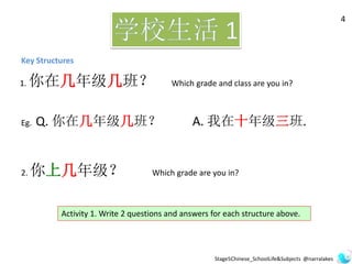 Key Structures
4
1. 你在几年级几班？ Which grade and class are you in?
Eg. Q. 你在几年级几班？ A. 我在十年级三班.
2. 你上几年级？ Which grade are you in?
Activity 1. Write 2 questions and answers for each structure above.
Stage5Chinese_SchoolLife&Subjects @narralakes
 