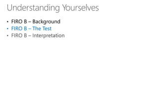 • FIRO B – Background
• FIRO B – The Test
 