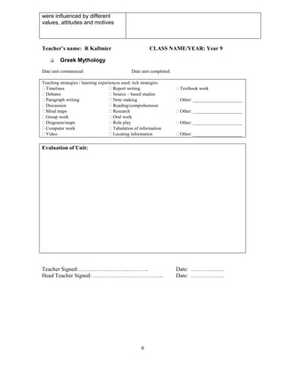 were influenced by different
values, attitudes and motives

Teacher’s name: R Kallmier


CLASS NAME/YEAR: Year 9

Greek Mythology

Date unit commenced:

Date unit completed:

Teaching strategies / learning experiences used: tick strategies
 Timelines
 Report writing
 Debates
 Source – based studies
 Paragraph writing
 Note making
 Discussion
 Reading/comprehension
 Mind maps
 Research
 Group work
 Oral work
 Diagrams/maps
 Role play
 Computer work
 Tabulation of information
 Video
 Locating information

 Textbook work
 Other: _____________________
 Other: _____________________
 Other: _____________________
 Other: _____________________

Evaluation of Unit:

Teacher Signed:………………………………..
Head Teacher Signed: ………………………………..

9

Date: ………………
Date: ………………

 