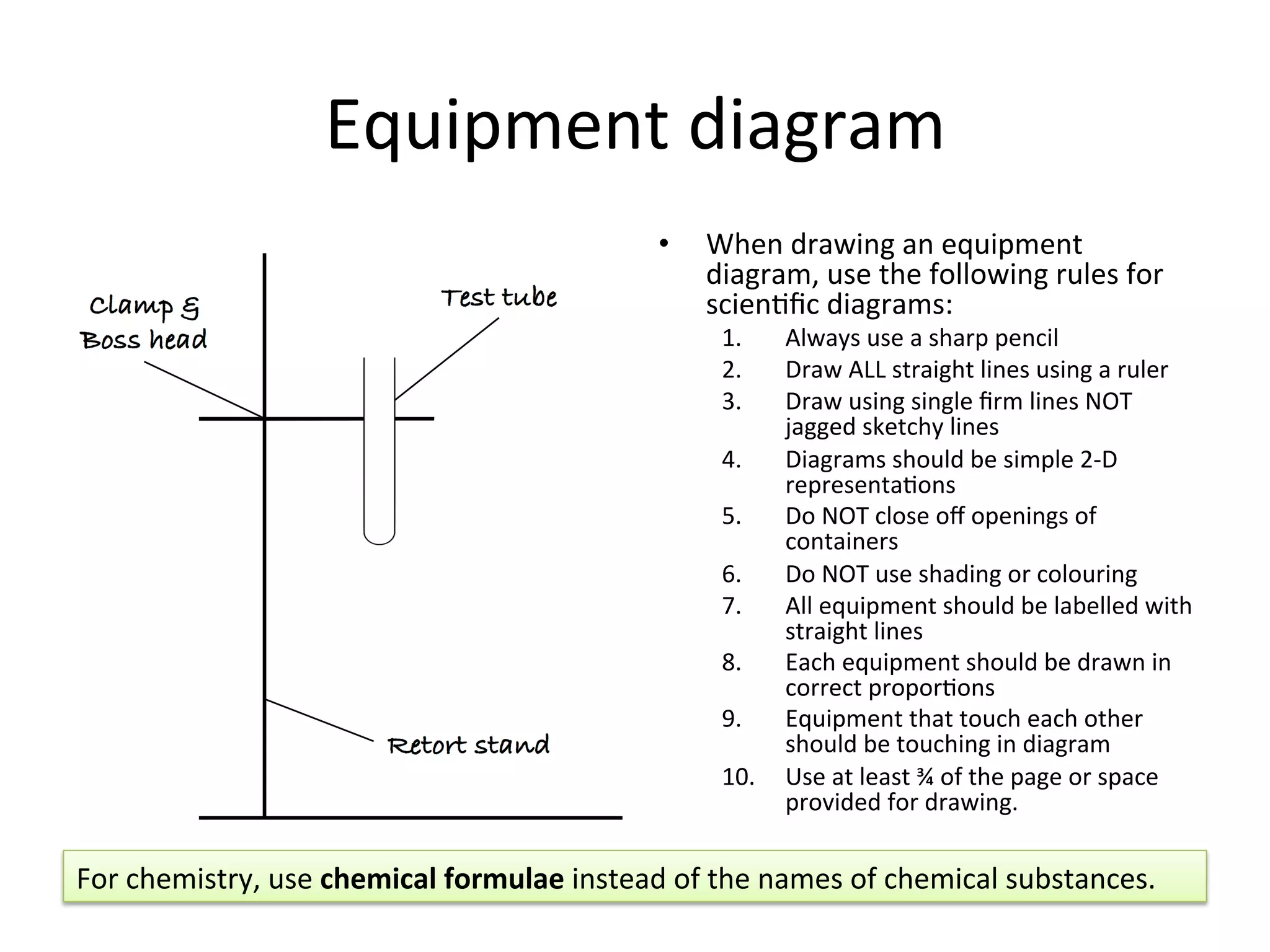 Equipment	
  diagram	
  
•  When	
  drawing	
  an	
  equipment	
  
diagram,	
  use	
  the	
  following	
  rules	
  for	
  
scien<ﬁc	
  diagrams:	
  
1.  Always	
  use	
  a	
  sharp	
  pencil	
  
2.  Draw	
  ALL	
  straight	
  lines	
  using	
  a	
  ruler	
  
3.  Draw	
  using	
  single	
  ﬁrm	
  lines	
  NOT	
  
jagged	
  sketchy	
  lines	
  
4.  Diagrams	
  should	
  be	
  simple	
  2-­‐D	
  
representa<ons	
  
5.  Do	
  NOT	
  close	
  oﬀ	
  openings	
  of	
  
containers	
  
6.  Do	
  NOT	
  use	
  shading	
  or	
  colouring	
  
7.  All	
  equipment	
  should	
  be	
  labelled	
  with	
  
straight	
  lines	
  
8.  Each	
  equipment	
  should	
  be	
  drawn	
  in	
  
correct	
  propor<ons	
  
9.  Equipment	
  that	
  touch	
  each	
  other	
  
should	
  be	
  touching	
  in	
  diagram	
  
10.  Use	
  at	
  least	
  ¾	
  of	
  the	
  page	
  or	
  space	
  
provided	
  for	
  drawing.	
  
For	
  chemistry,	
  use	
  chemical	
  formulae	
  instead	
  of	
  the	
  names	
  of	
  chemical	
  substances.	
  
 